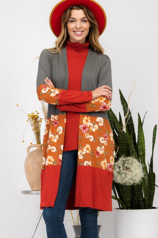 Celeste Full Size Floral Color Block Open Front Cardigan - NJPH Best Selling 