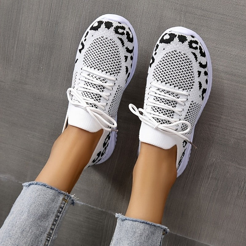 White Shoes Women Leopard Print Lace-up Sneakers Sports - NJPH Best Selling 