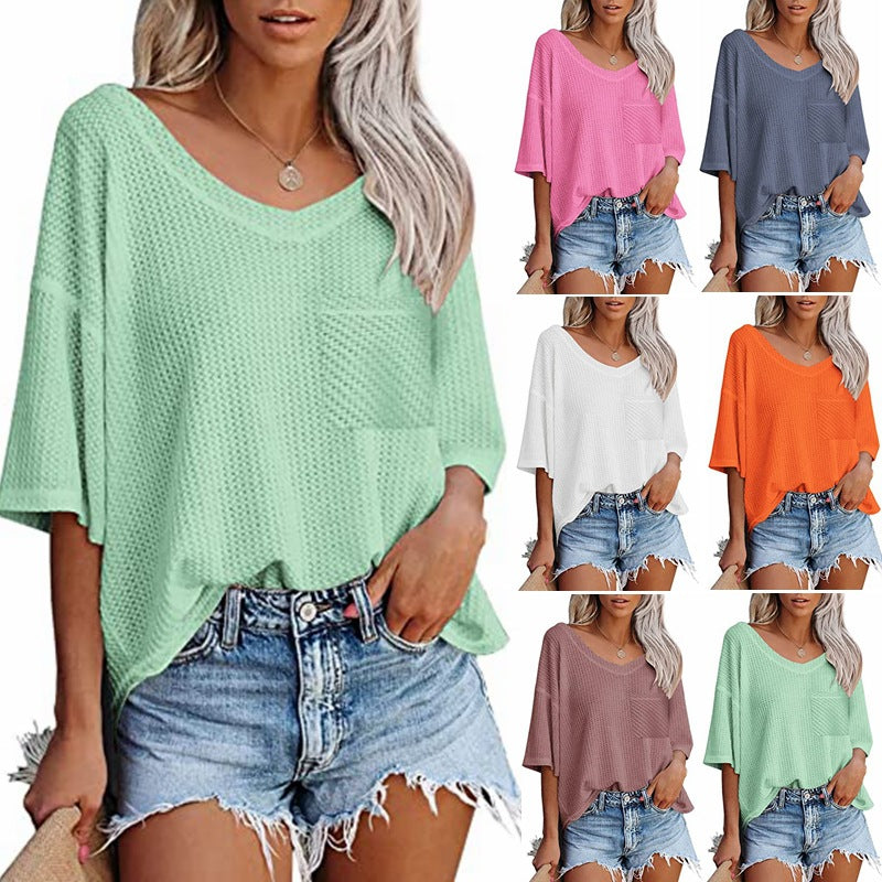 V-neck Shirts Women Summer Short Sleeve Green Tops With Patched Pocket - NJPH Best Selling 