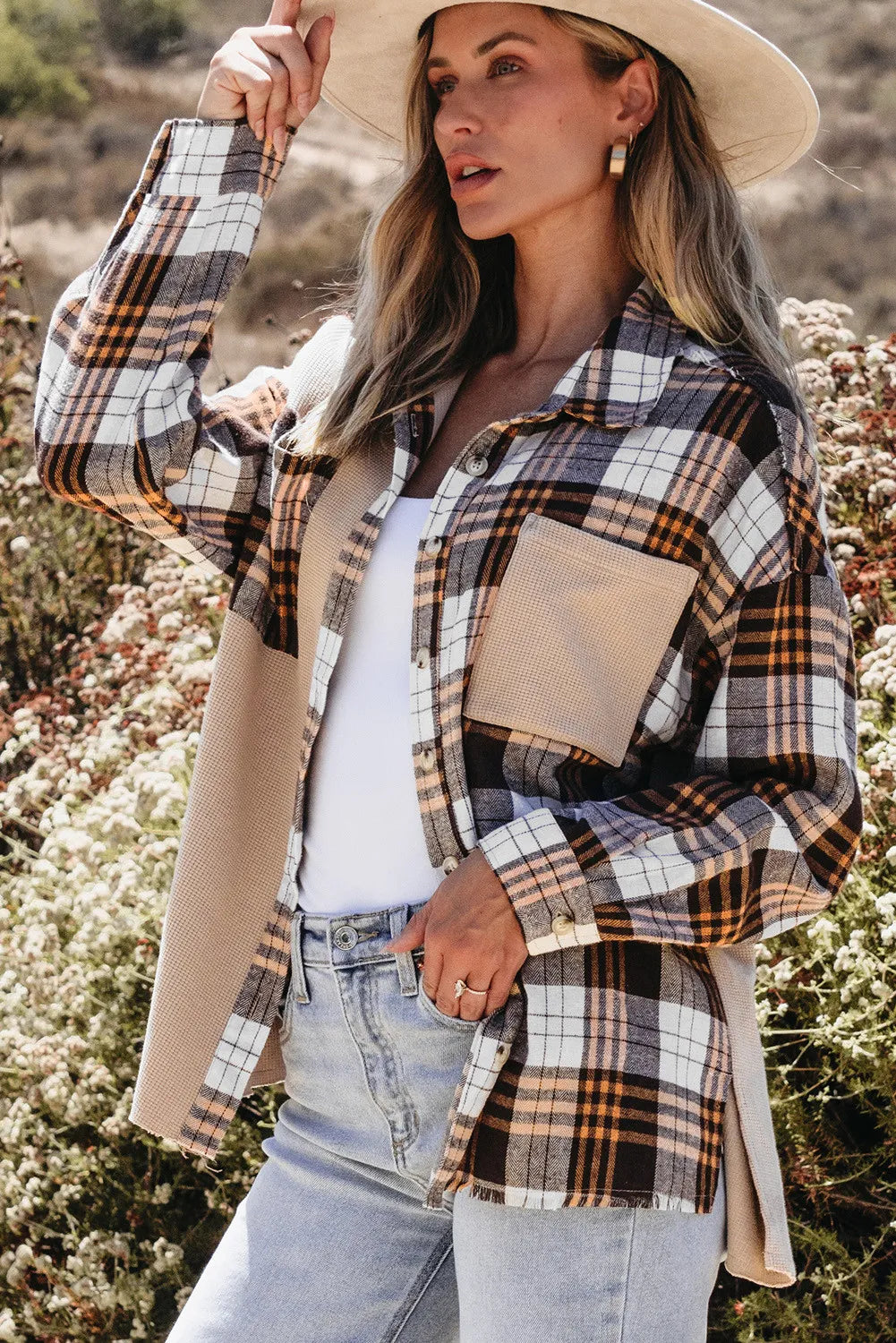 Pocketed Plaid Collared Neck Dropped Shoulder Shacket - NJPH Best Selling 