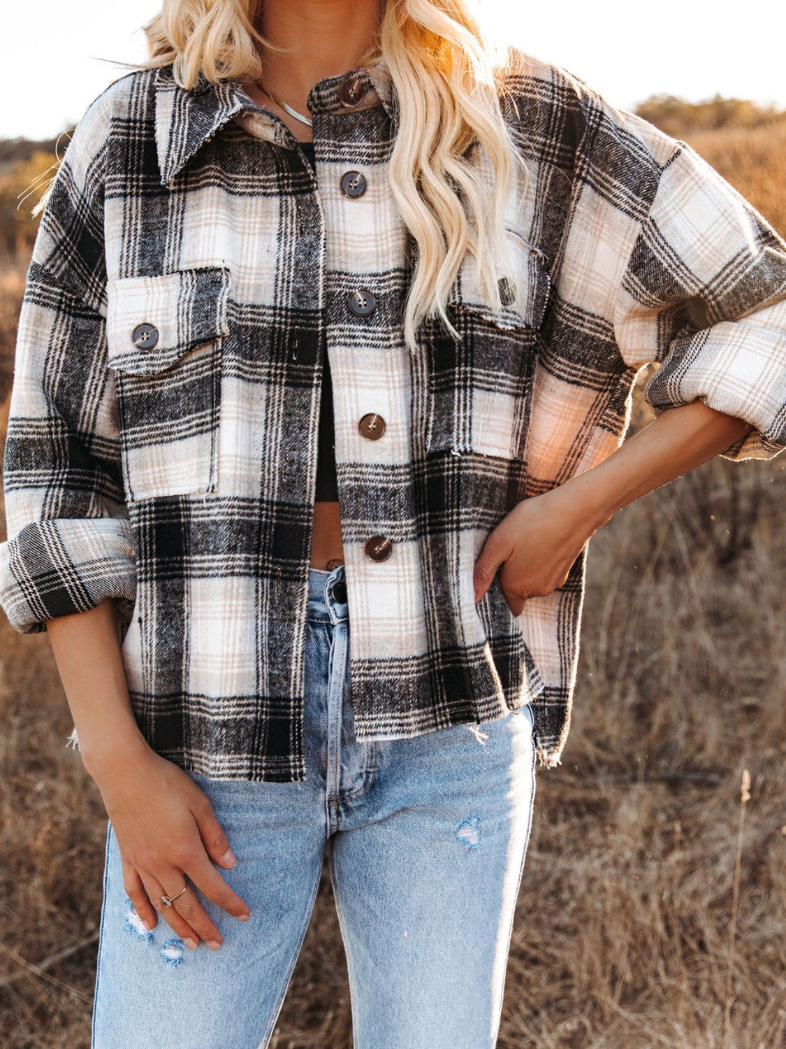 Pocketed Plaid Button Down Long Sleeve Shacket - NJPH Best Selling 