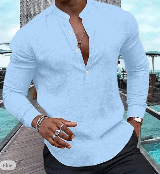 Men's Shirt Casual Long Sleeve Solid Color Cotton Linen Henley Top - NJPH Best Selling 