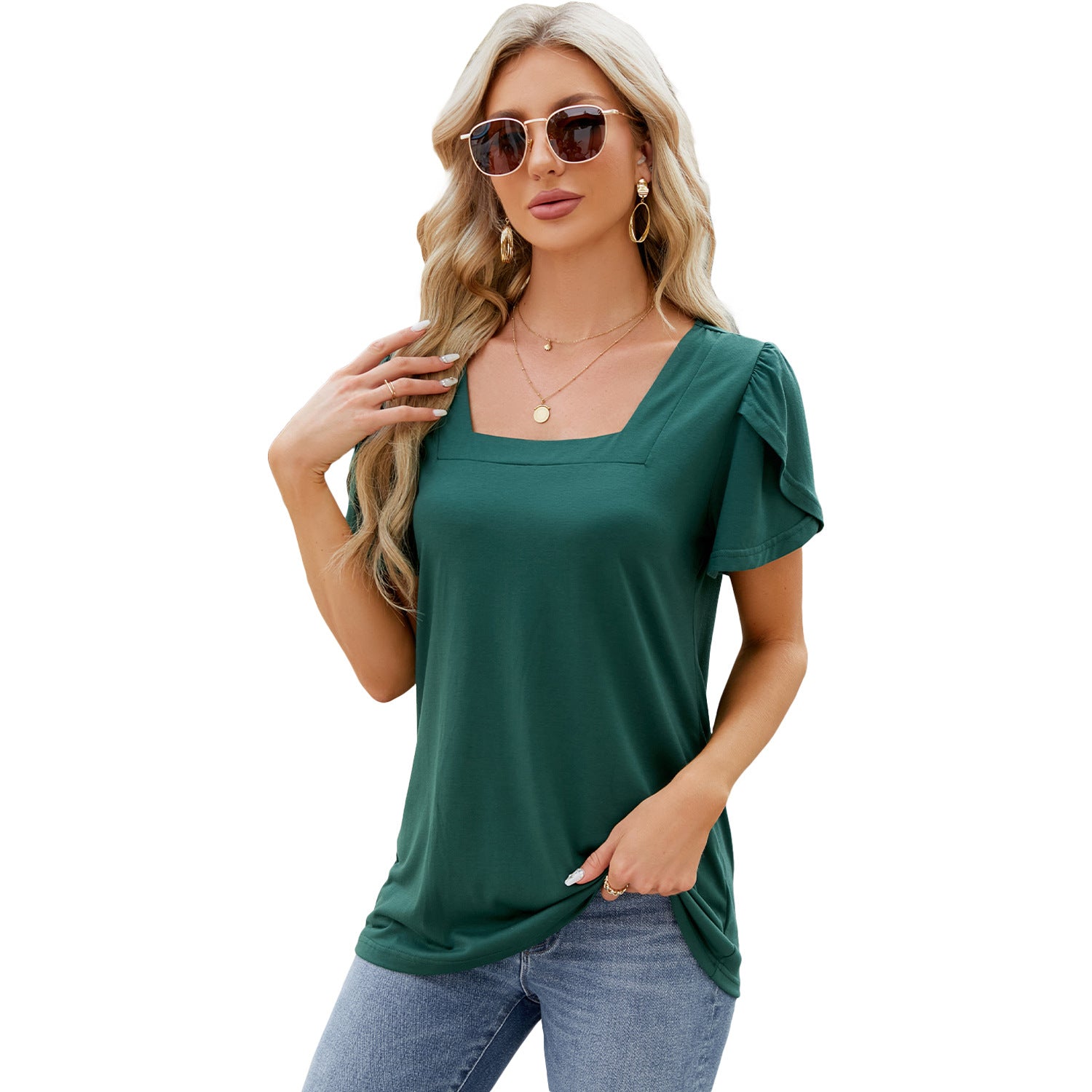 Summer Top Fashion Square Neck Printed Short-sleeved T-shirt With Petal Sleeve Design Bohemian Beach Loose T-shirt For Womens Clothing - NJPH Best Selling 