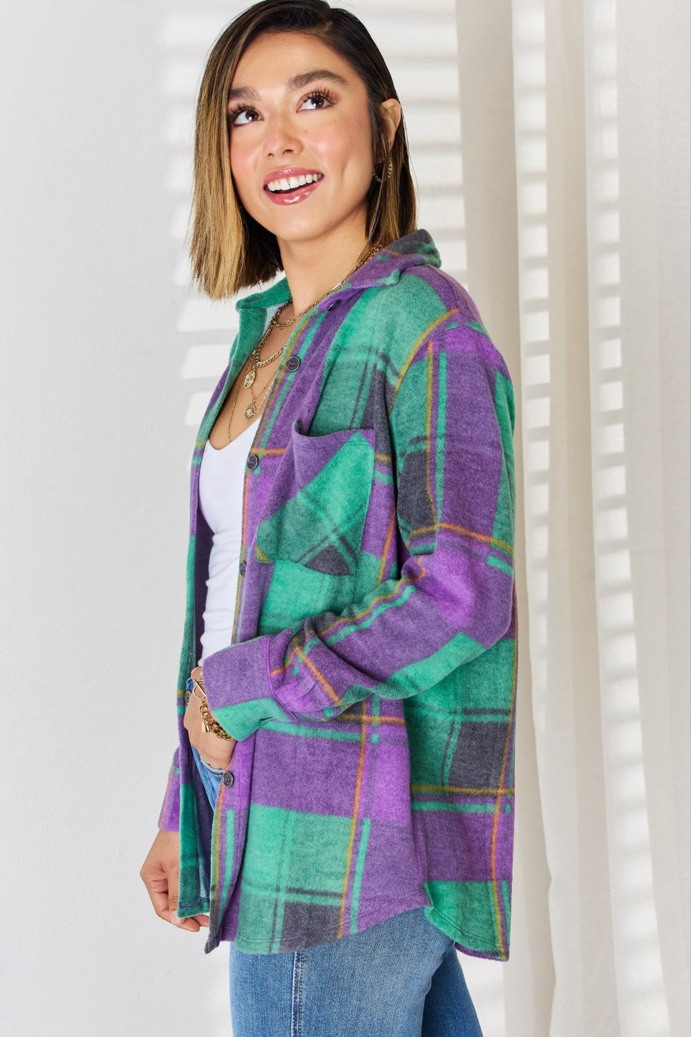 Zenana Plaid Button Up Long Sleeve Shacket - NJPH Best Selling 