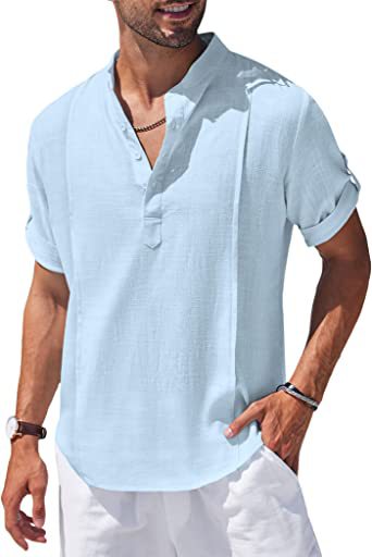 Henley Style Linen Shirt Men Casual Beach Shirt Short Sleeve T-Shirt Summer - NJPH Best Selling 