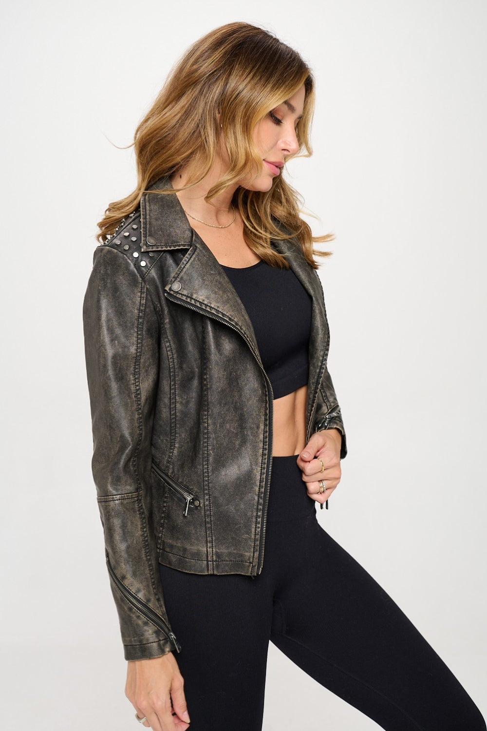 Coalition LA Studded Classic Moto Faux Leather Jacket - NJPH Best Selling 