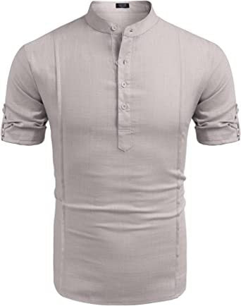 Henley Style Linen Shirt Men Casual Beach Shirt Short Sleeve T-Shirt Summer - NJPH Best Selling 