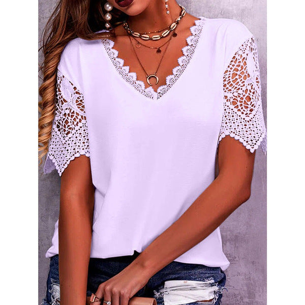 Lace Tops Women Summer Loose V Neck Short Sleeve Casual Shirts - NJPH Best Selling 