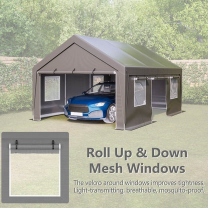 13x20 Ft Heavy Duty Carport Car Canopy Car Boat Shelter With Roll Up Doors & Windows And Removable Sidewalls