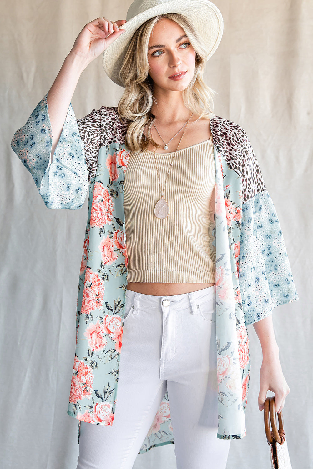 Animal Print Floral Three-Quarter Sleeve Cardigan - NJPH Best Selling 