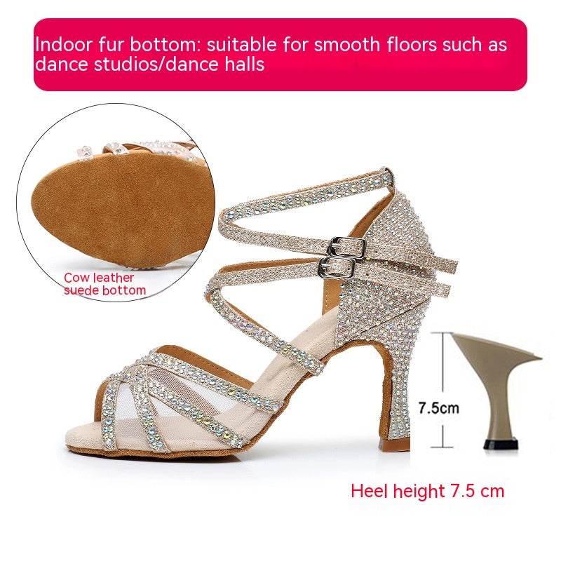 Diamond Latin Dance Shoes Women's Sandals Professional Soft Bottom Dance Shoes Mid-high Heel - NJPH Best Selling 